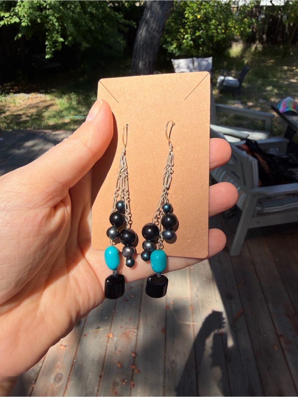 Sterling Silver Artisan Dangle Earrings Turquoise Black Pearl